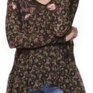 Free People Dark Floral Flowy S Black Multi Stretch Oversized Tunic Sheer XS
